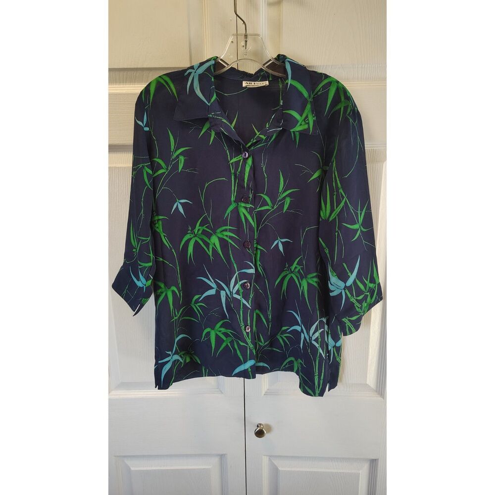 Vintage All Hours Navy Blue Green Bamboo Print Button Up Blouse Top Medium M